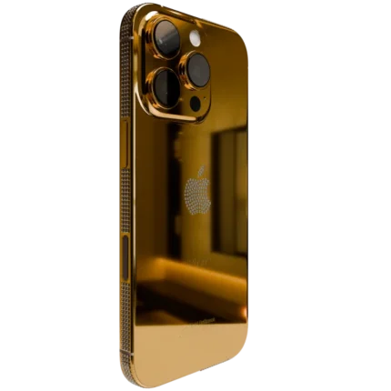 Luxury 24k Gold iPhone 16 ProPro Max Crystal bezel Logo side view.webp